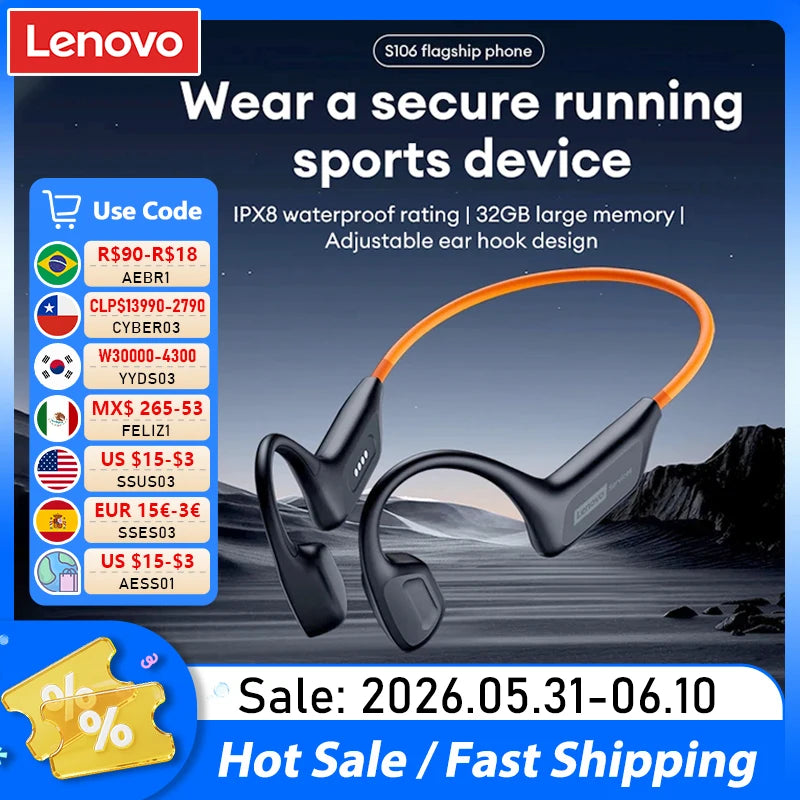Lenovo S106 True Bone Conduction Headset Bluetooth 6.0 IPX8 Waterproof Headphones 32GB MP3 HIFI Earphones With MIC For Swimming